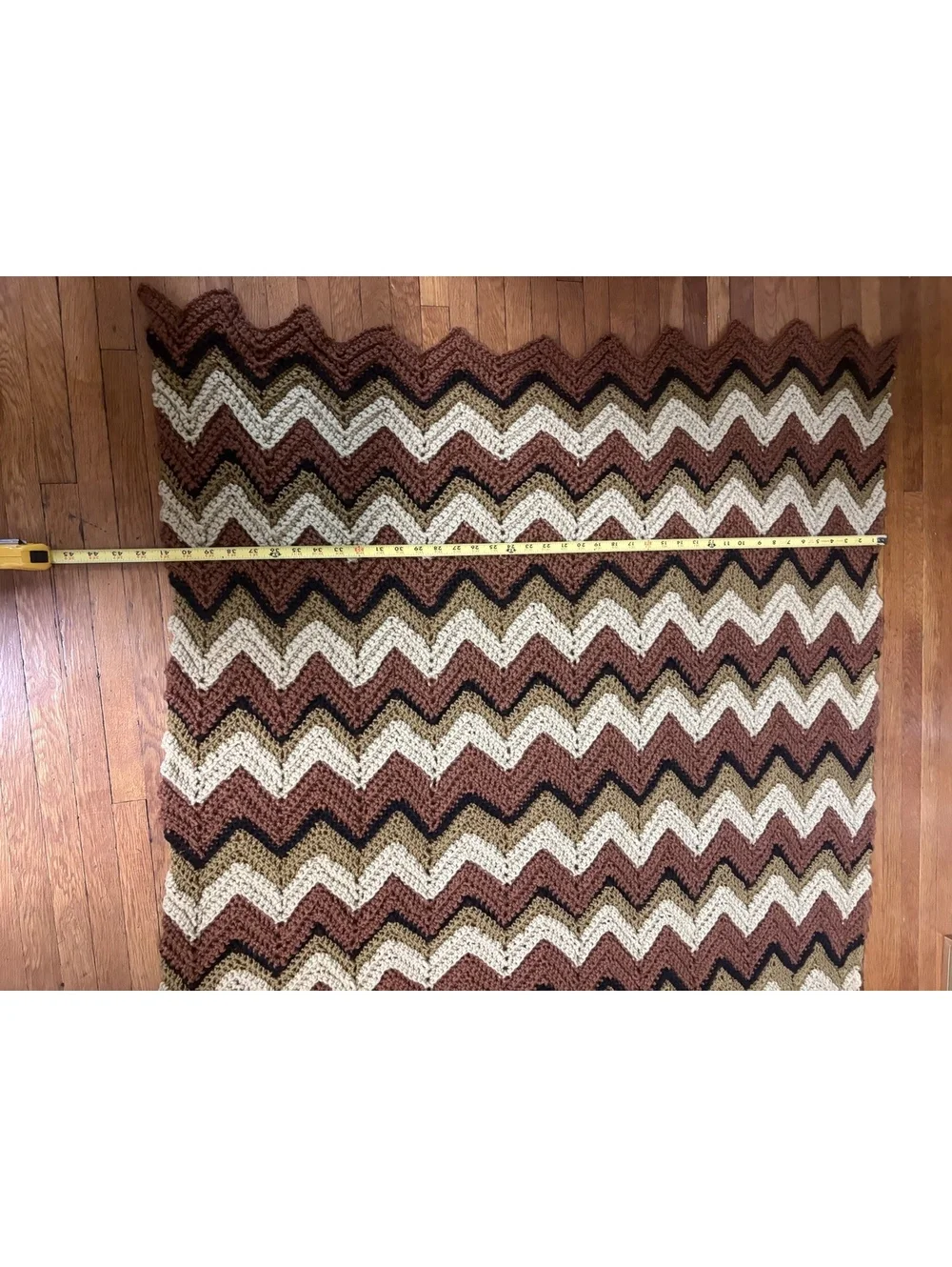 Hand Crocheted Chevron Afghan Throw Blanket Brown Cream Black 64” x 43” Handmade